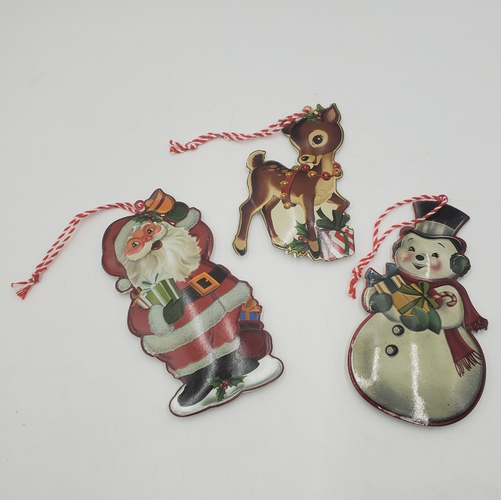 3 Vintage Style Retro Reindeer Santa Claus Snowman Christmas Ornaments Set Decor